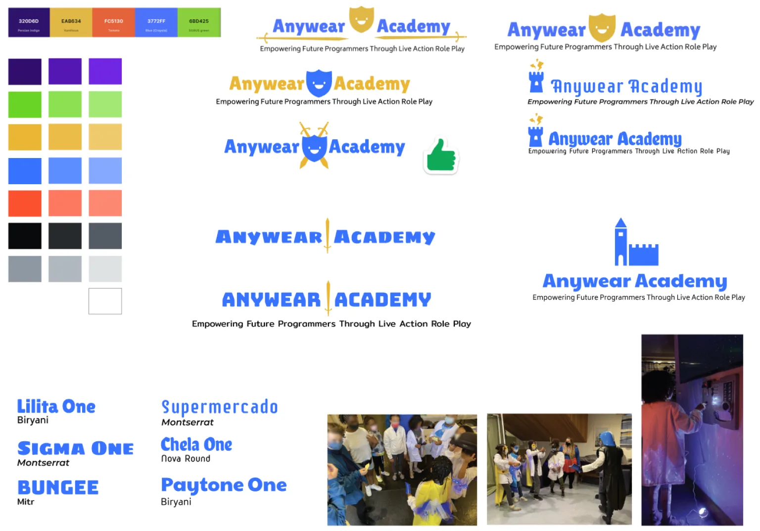 Logo explorations, color palette and type options for Anywear Academy