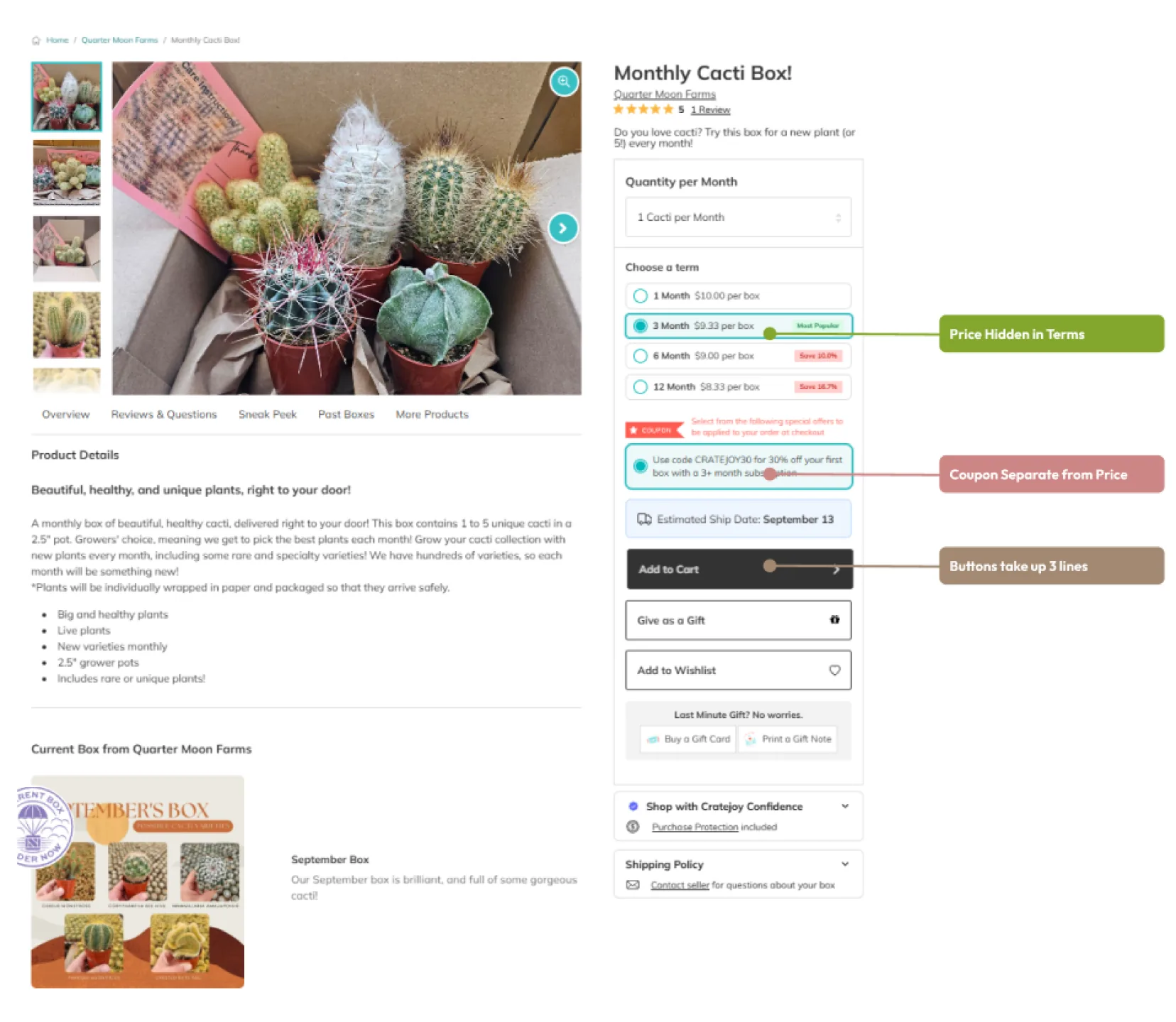 The product page Cratejoy launched, with differences from our design highlighted