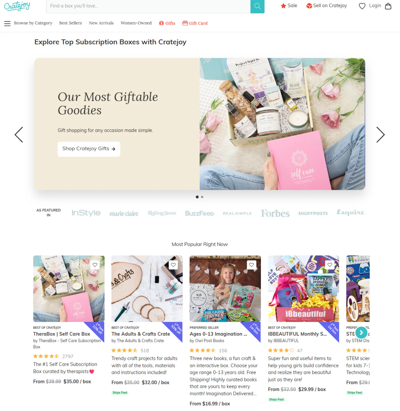 The old Cratejoy home page with inconsistent product cards