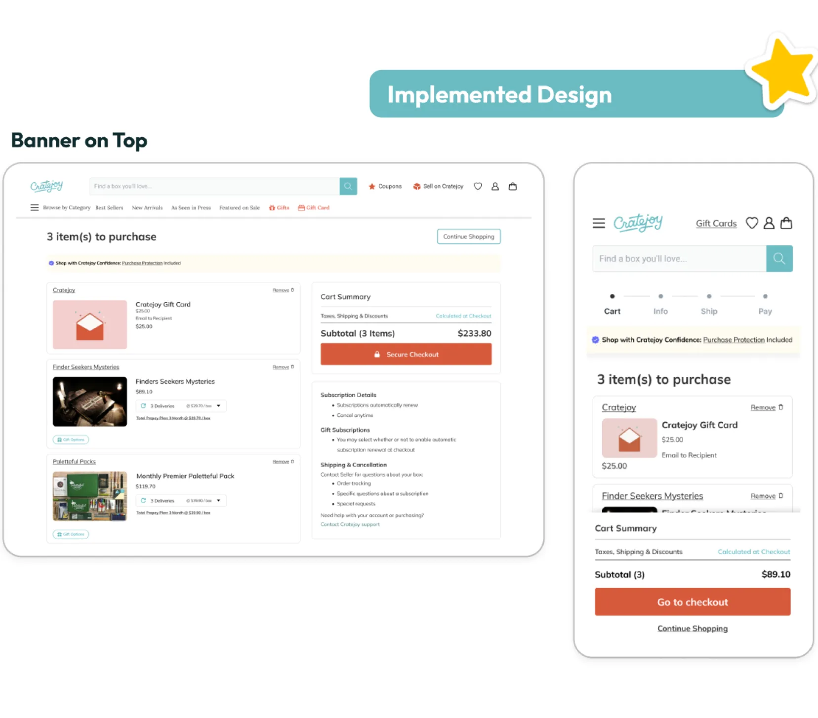 Purchase protection banner in the cart sidebar and checkout