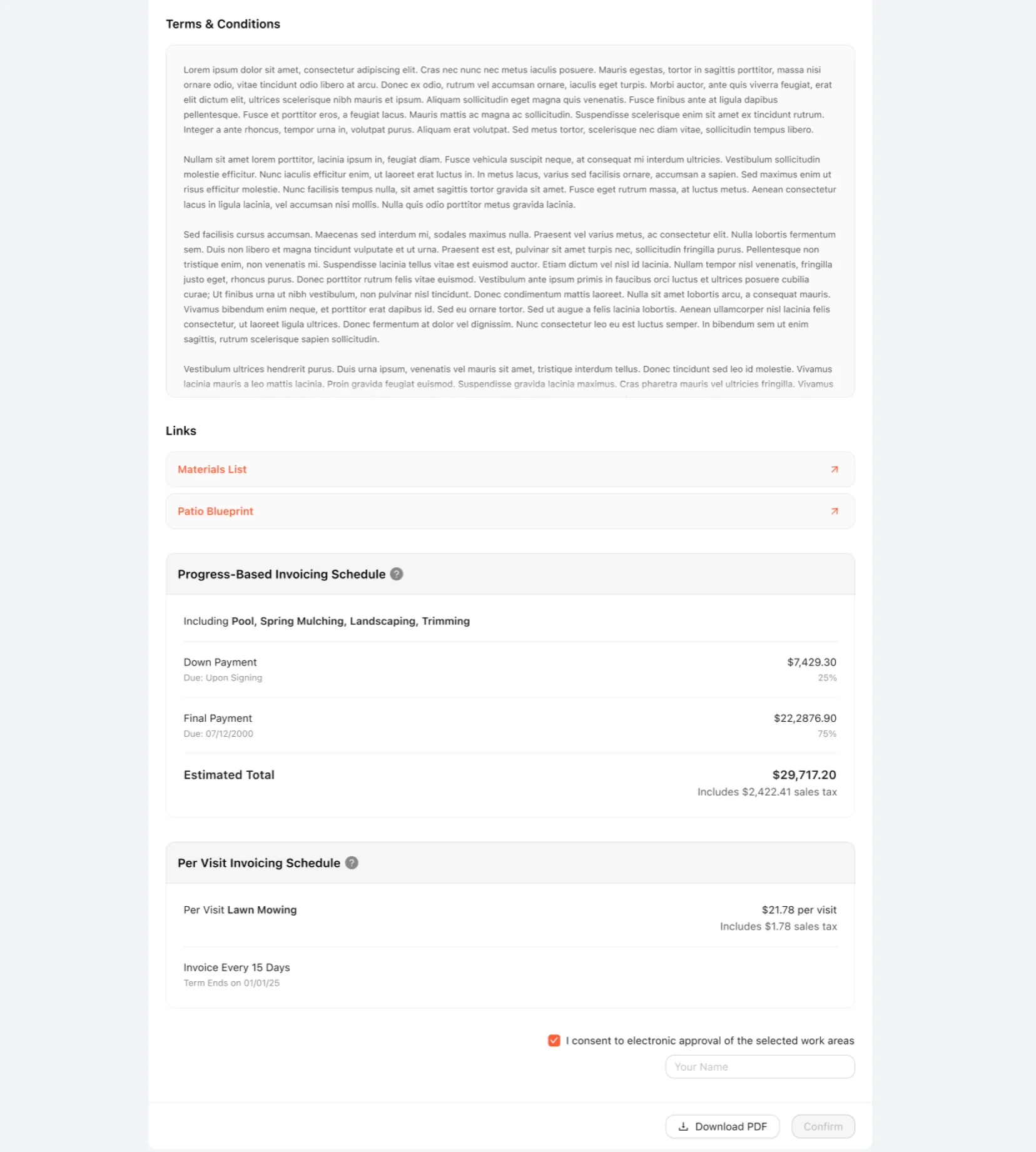 Client-facing proposal with expandable groups and totals