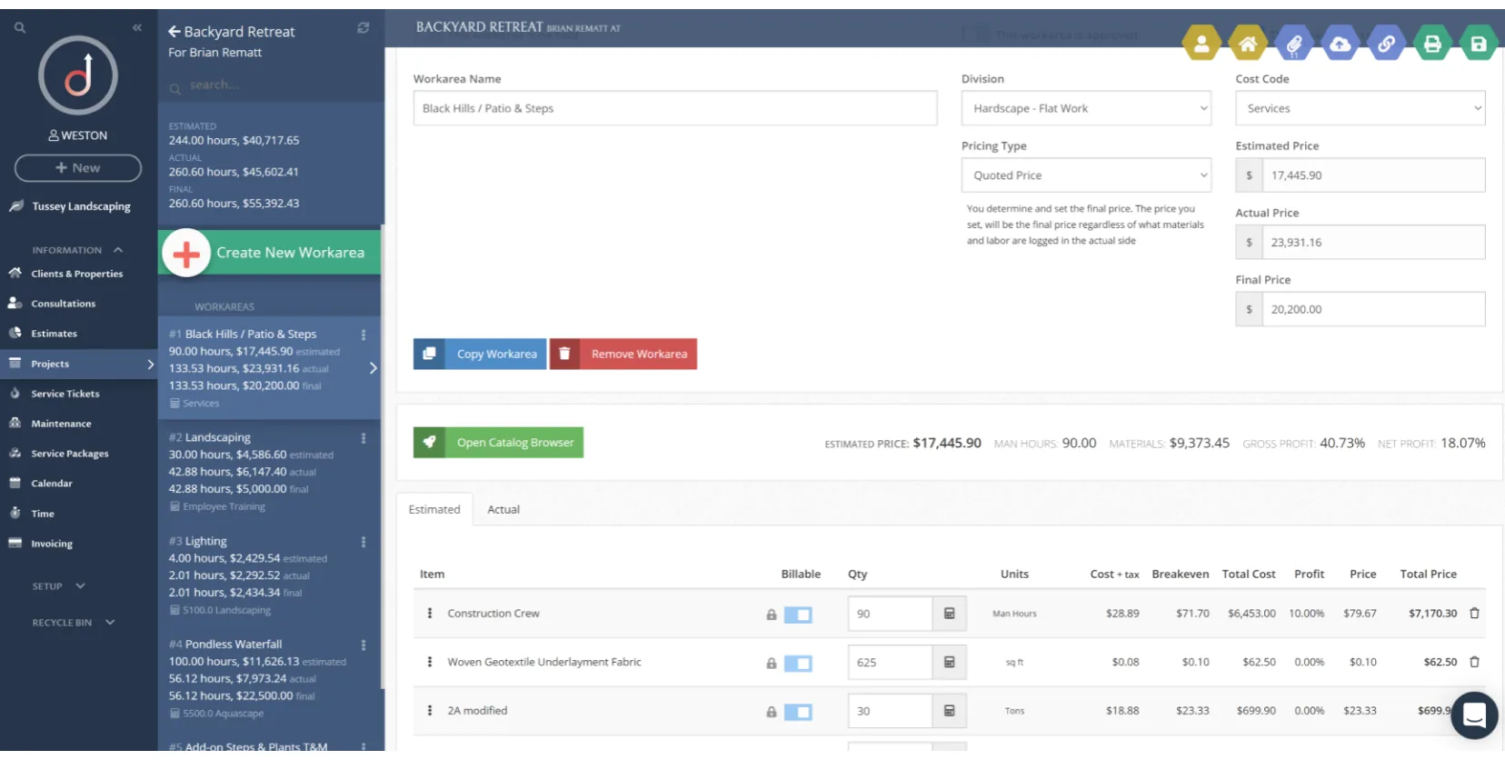 The existing SynkedUp estimate creation screen with three columns