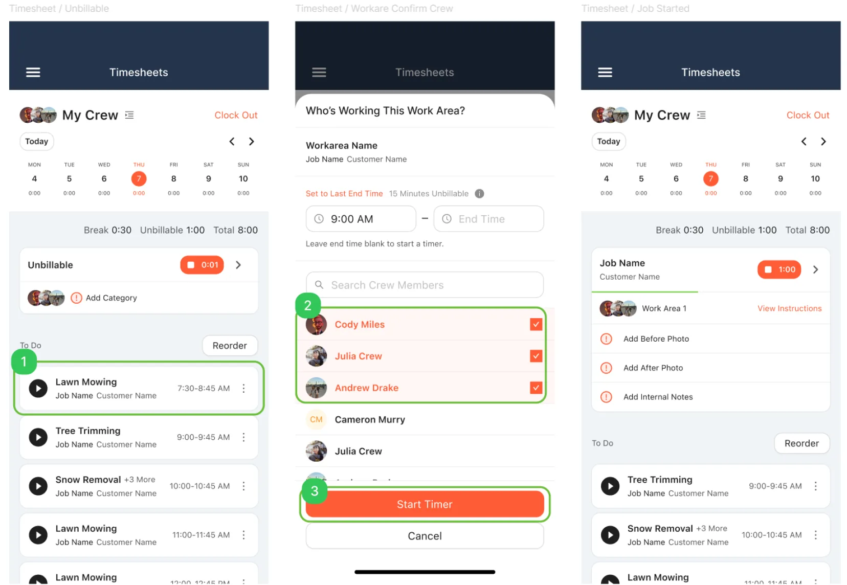 Three screens: select a work area, confirm crew, start timer