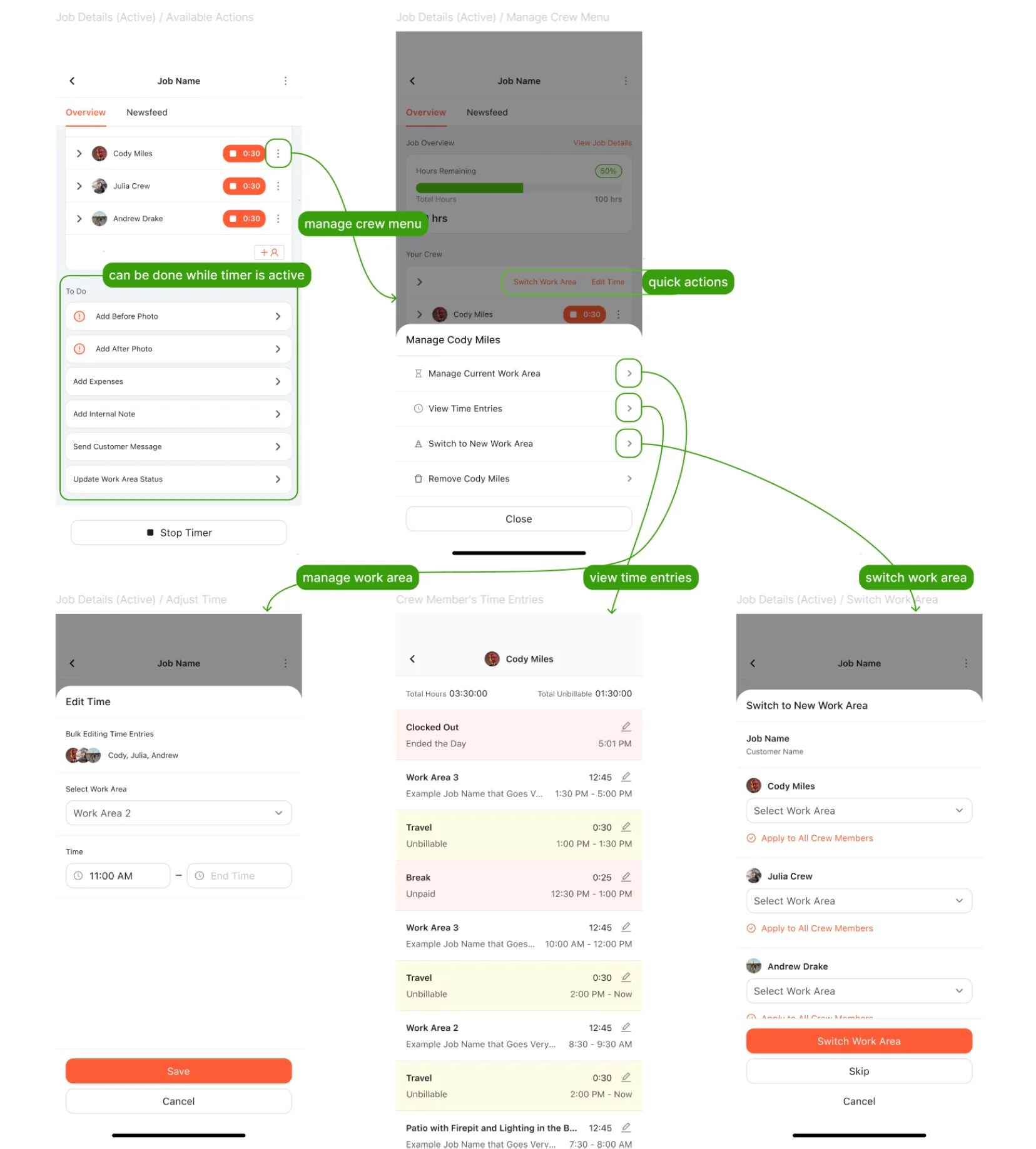 Manage crew menu with quick actions to edit time, view entries and switch work areas