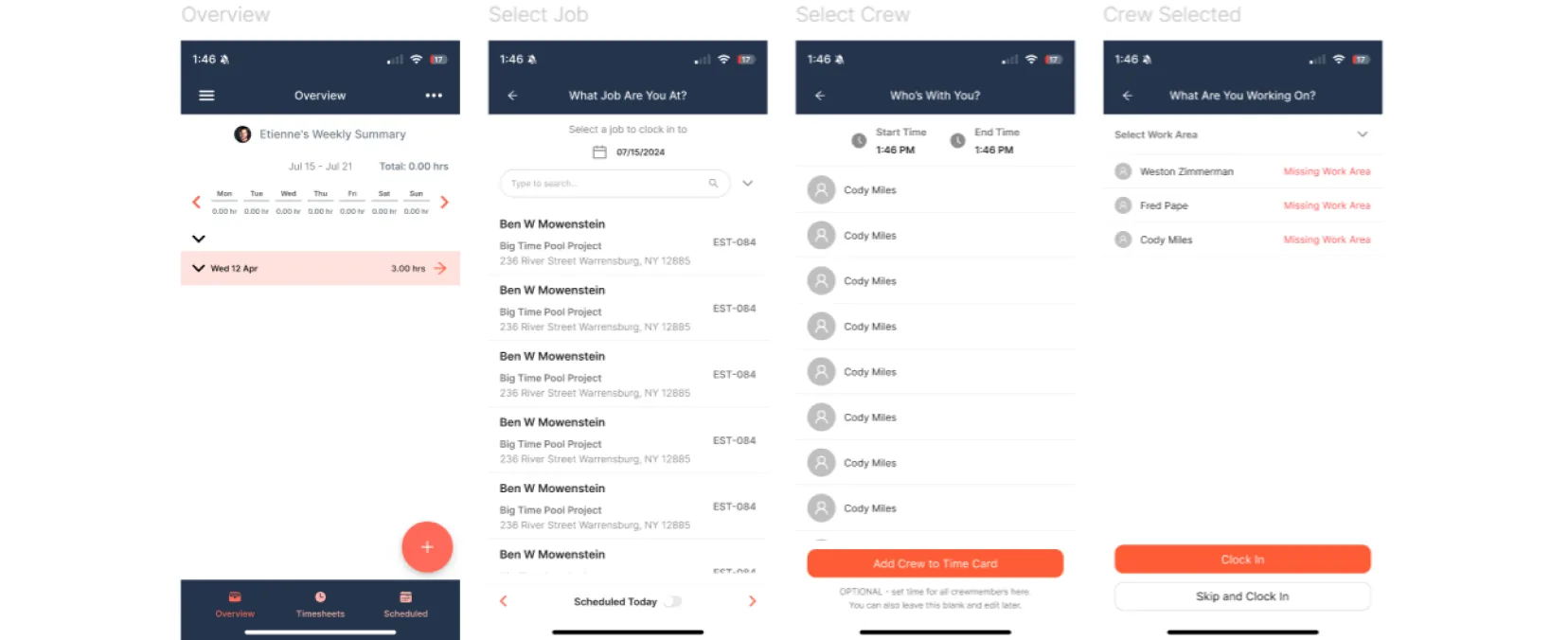 Old app screens with separate tabs for overview, timesheets and schedule