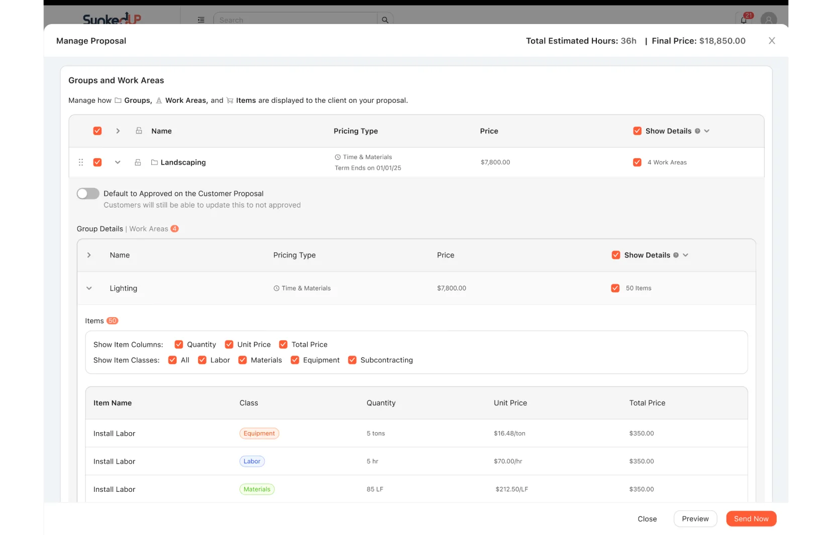 Proposal drawer showing visibility options for a landscaping group