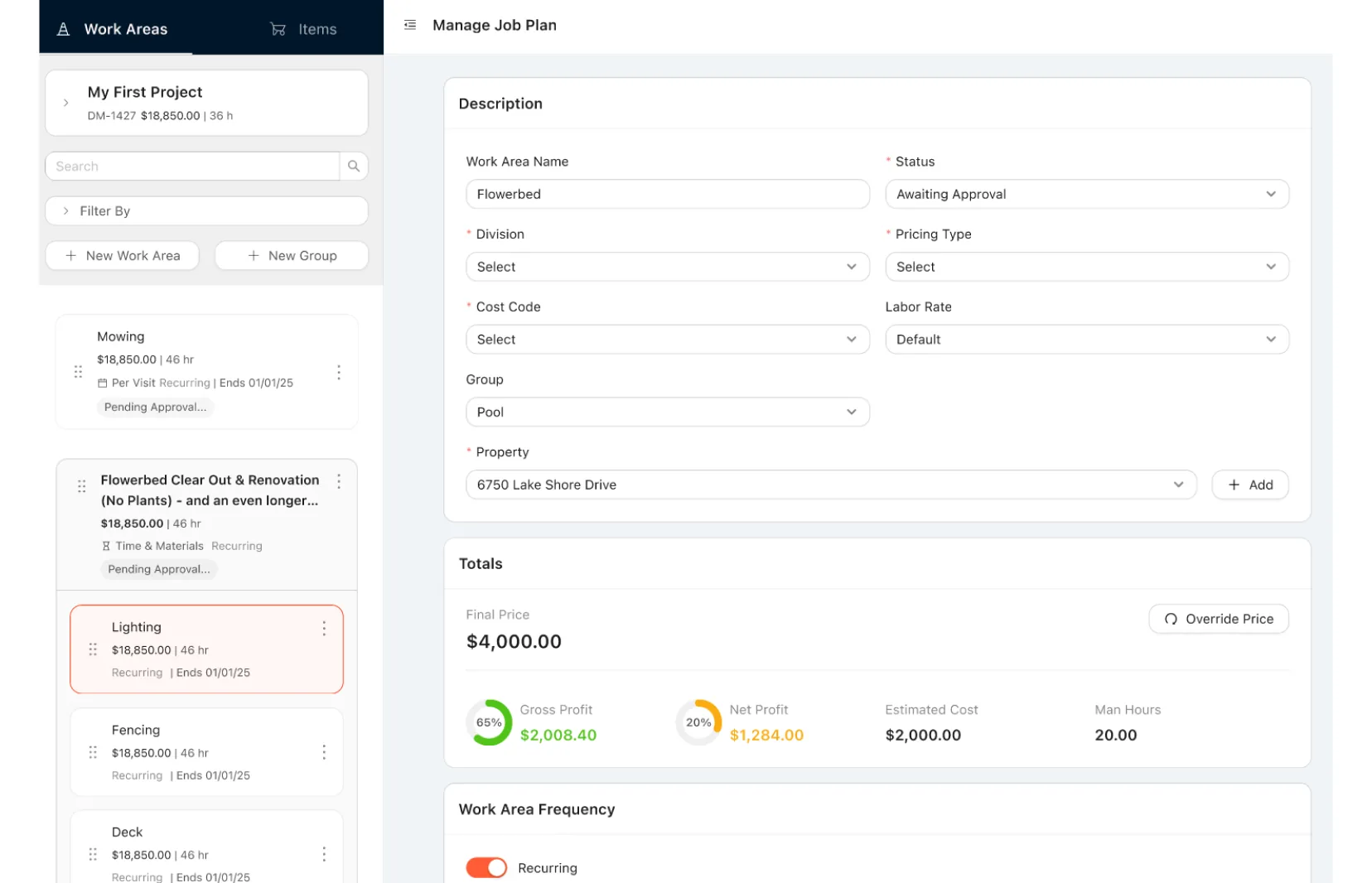 Manage Work Area drawer with the work area sidebar and description form